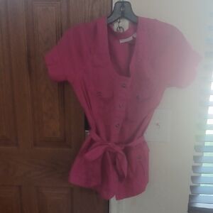 New York & Company Pink Blouse with Notched Collar and Tie Front